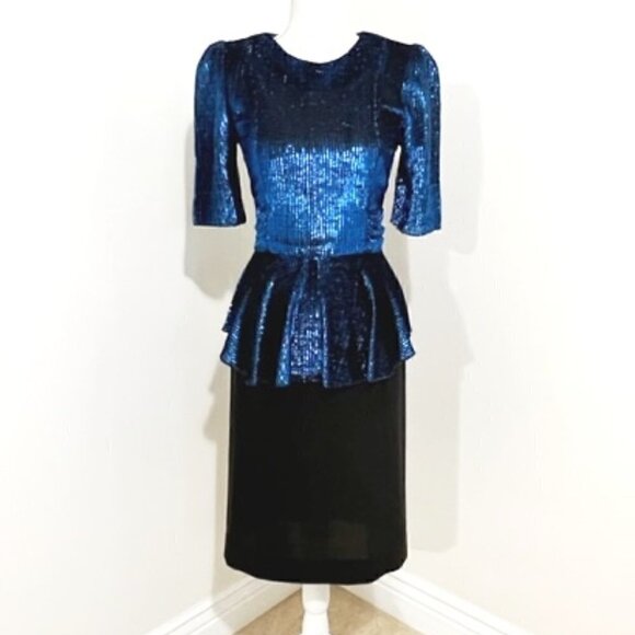 Diamond's Run Dresses & Skirts - Vintage Diamond’s Run Black & Blue Metallic Lame Peplum Dress